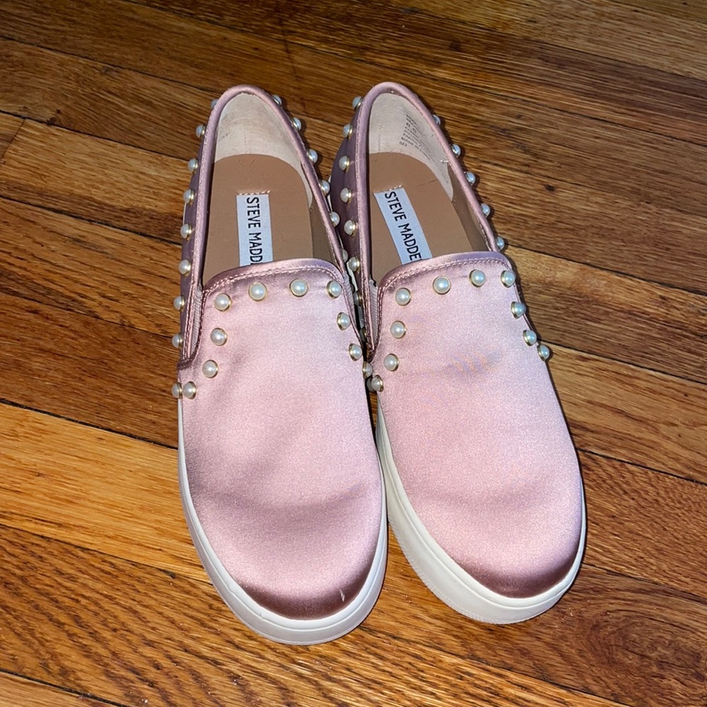 Blush Steve Madden slip on satin sneakers with pearls